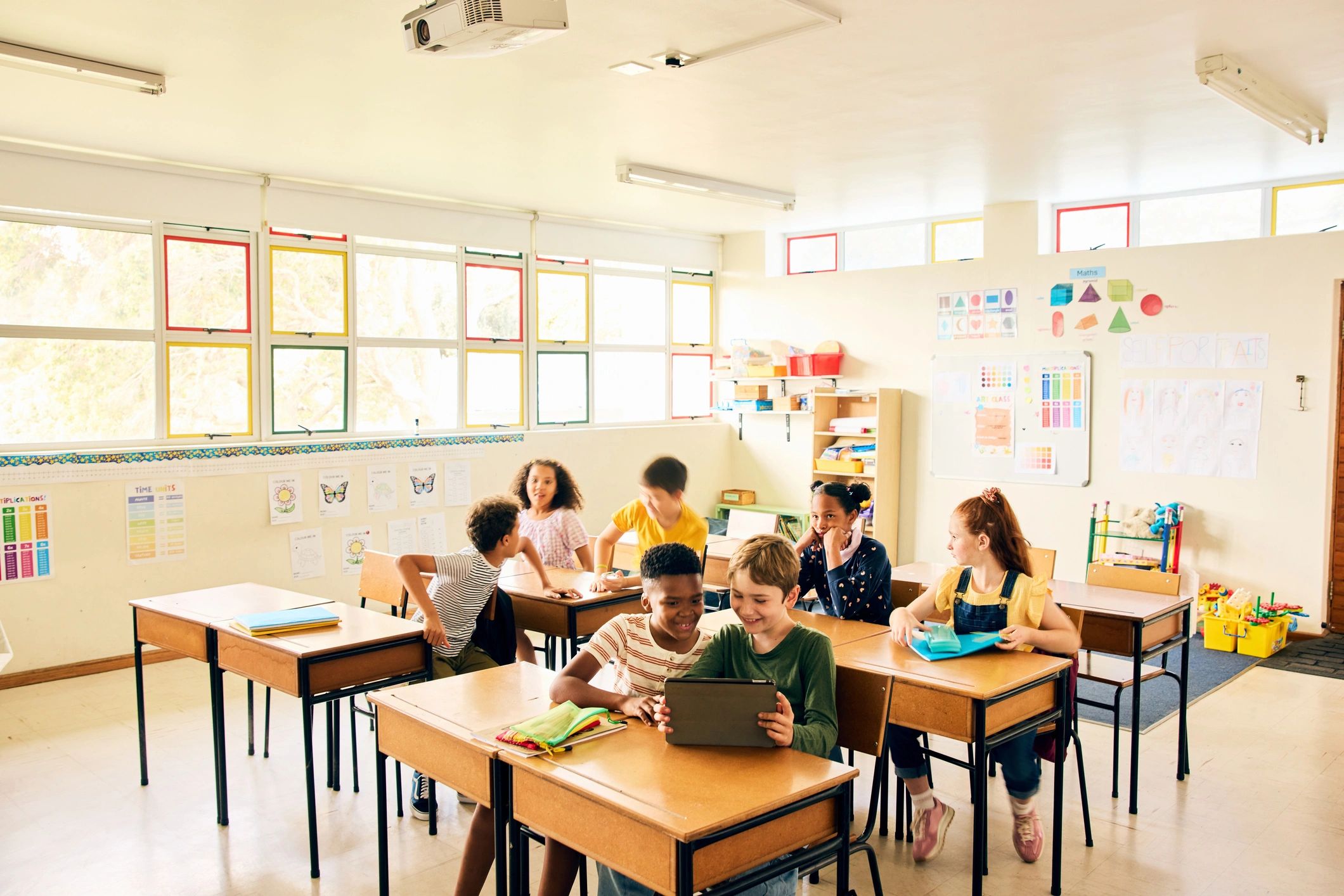 Elementary students collaborating in a classroom